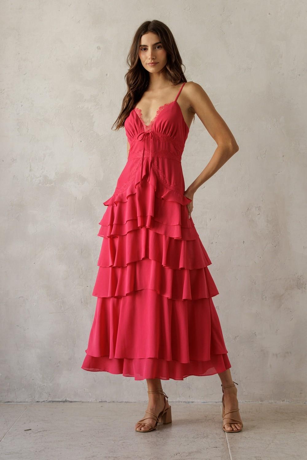 Lace Trim Tiered Midi Dress - Hot Pink