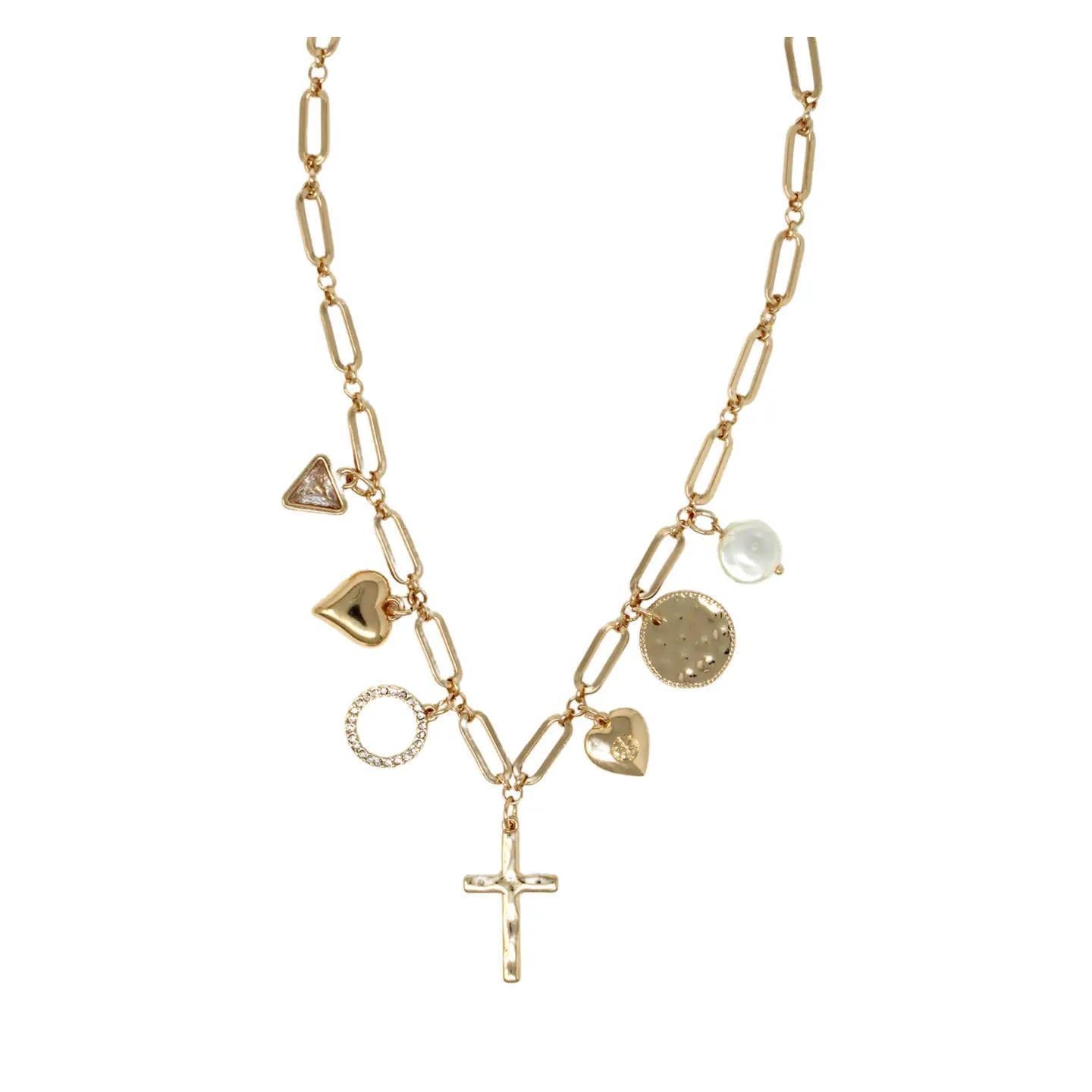 Oval Link Cross Charm Necklace - Gold