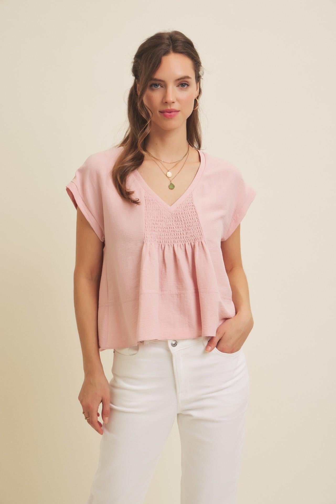 Flowy Oversized Blouse With Smocked Detail - Blush