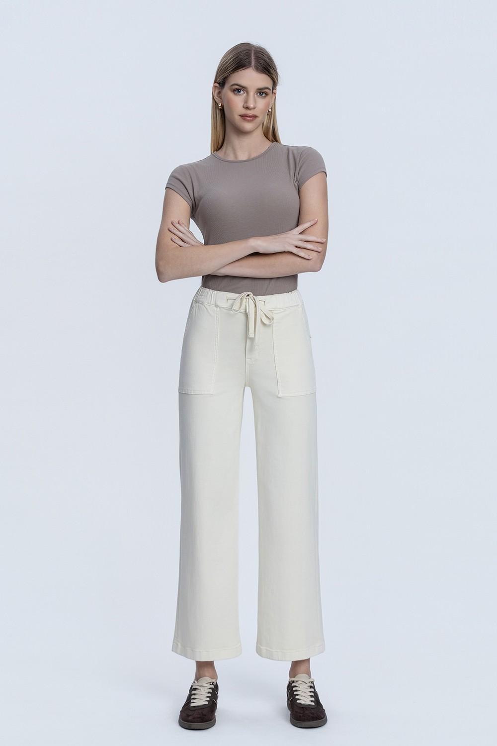 High Rise Ecru Color Drawstring Baggy Wide Jeans