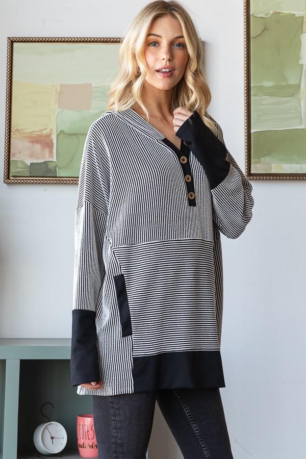 Long Sleeve Stripe Solid Contrast Hoodie