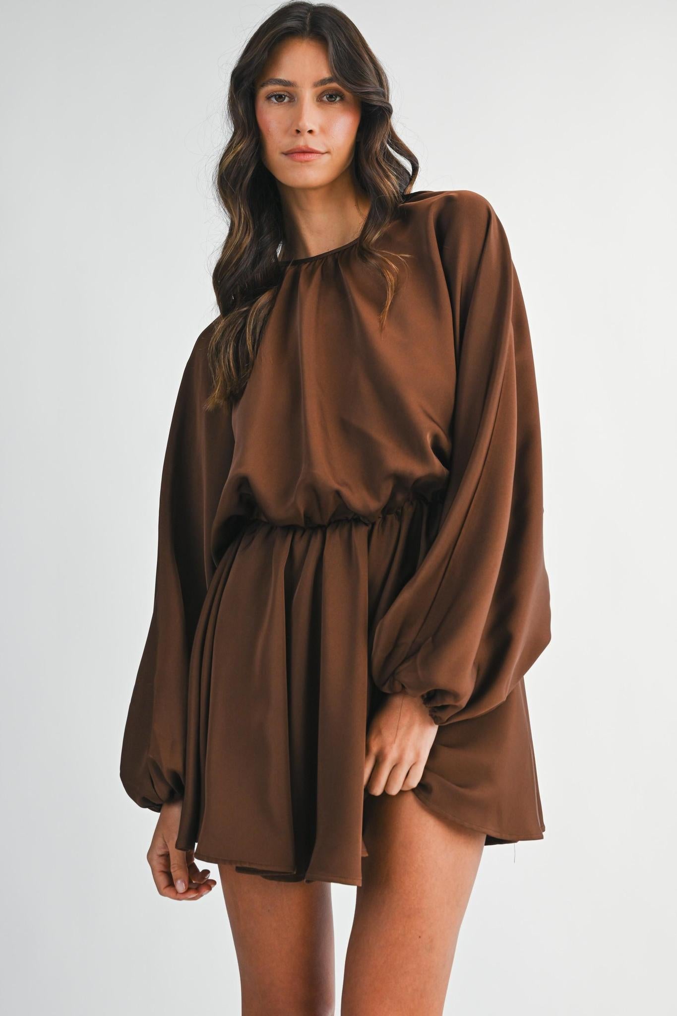 Chocolate Satin Balloon Long Sleeve Mini Dress