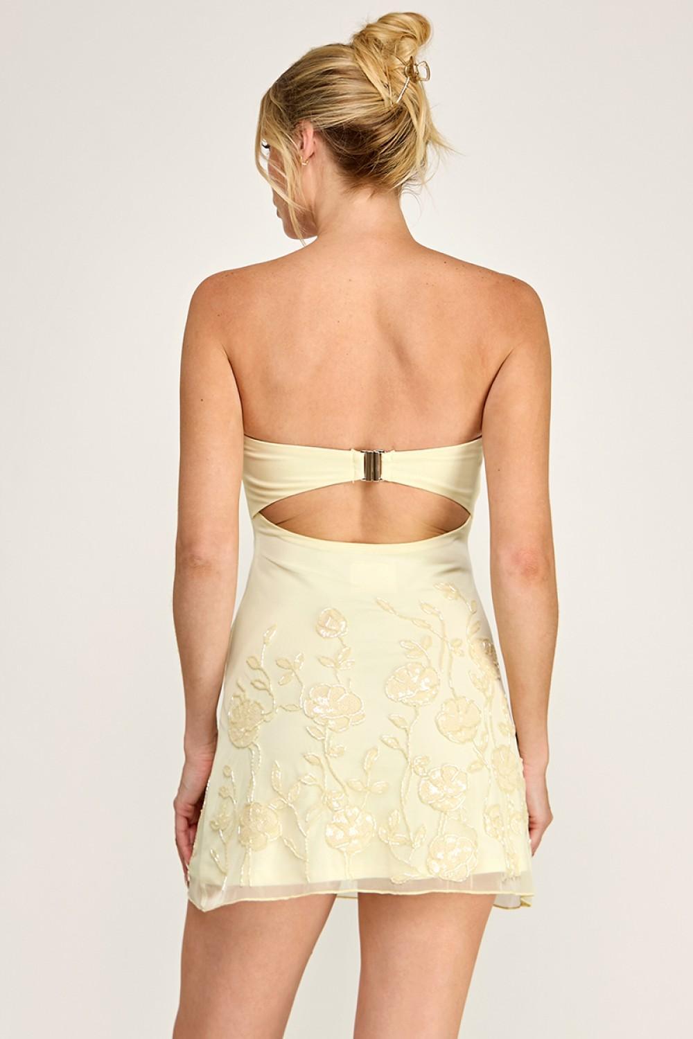 YELLOW MESH STRAPLESS CUT OUT BACK MINI DRESS