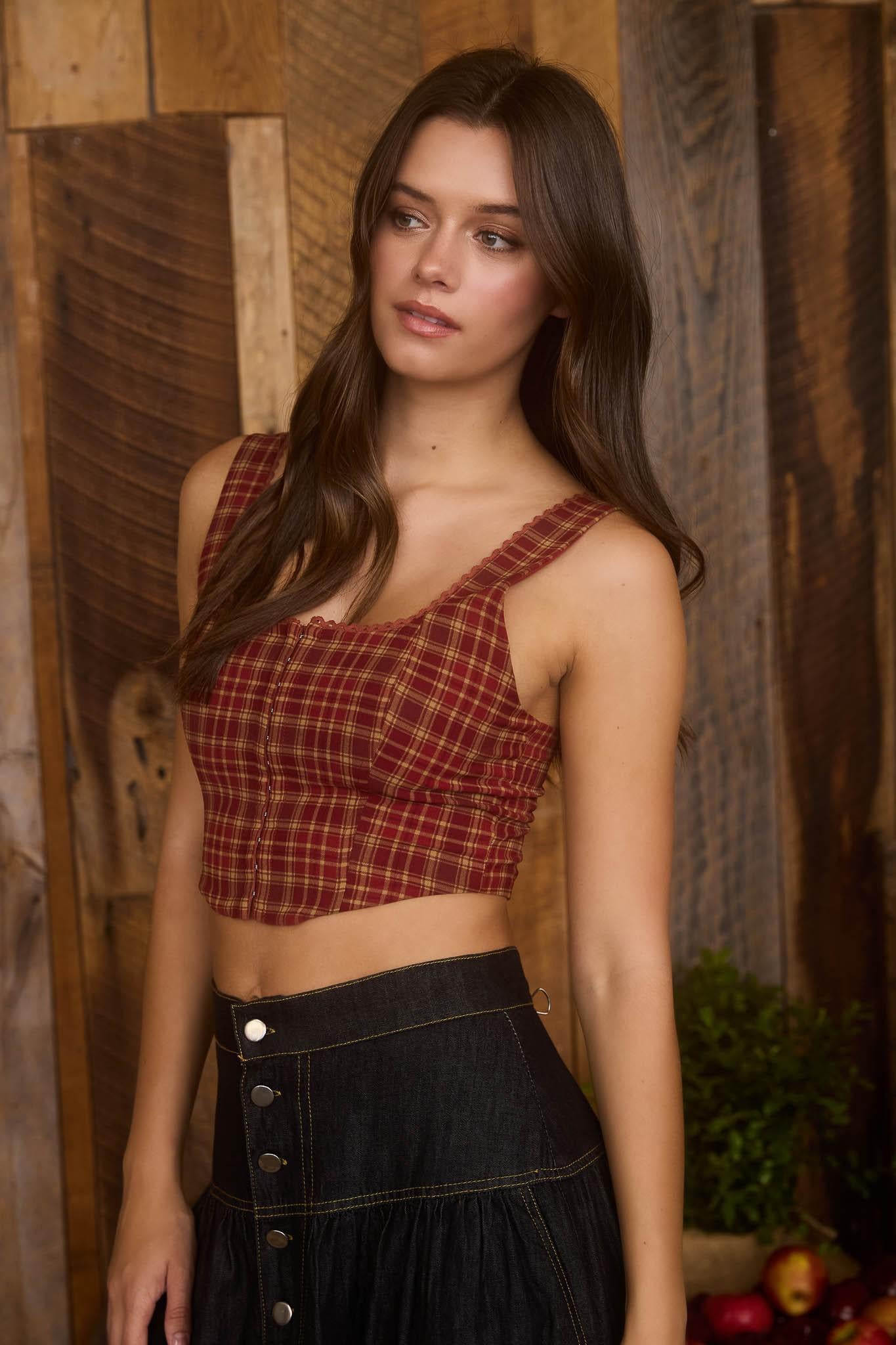 Plaid Lace Trim Corset Top