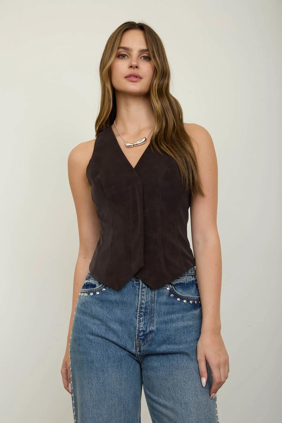 BROWN V-NECK BUTTON DOWN SUEDE VEST