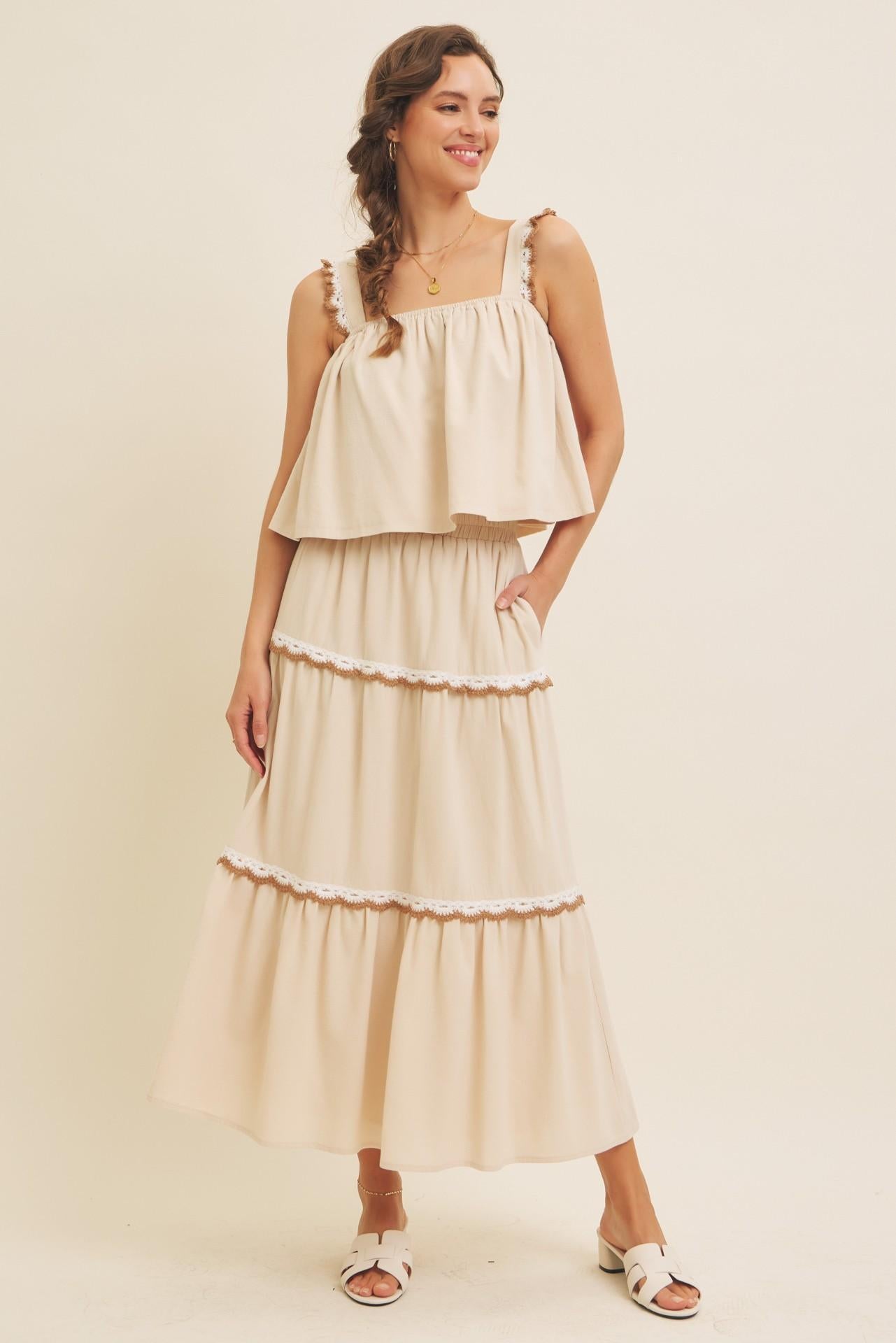 Scallop Crochet Tiered Midi Skirt