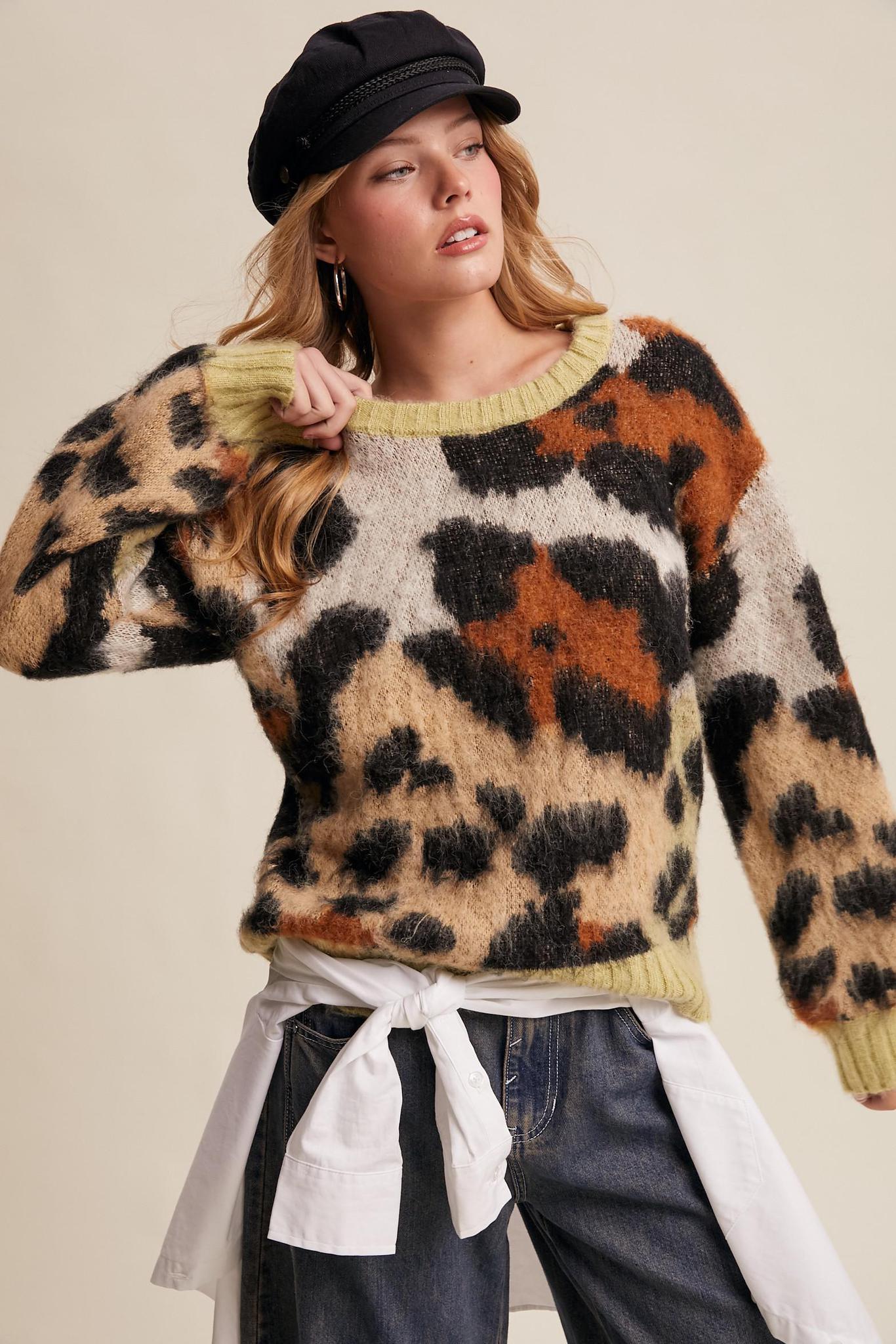 Fuzzy Abstract Leopard Knit Pullover Sweater