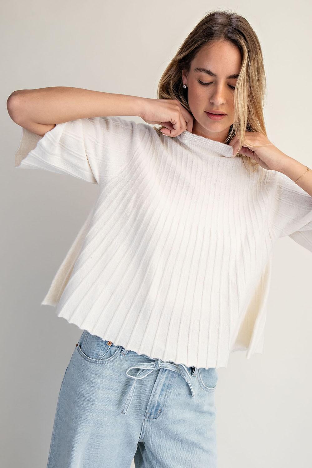 Short-Sleeve Mock-Neck Swing Sweater