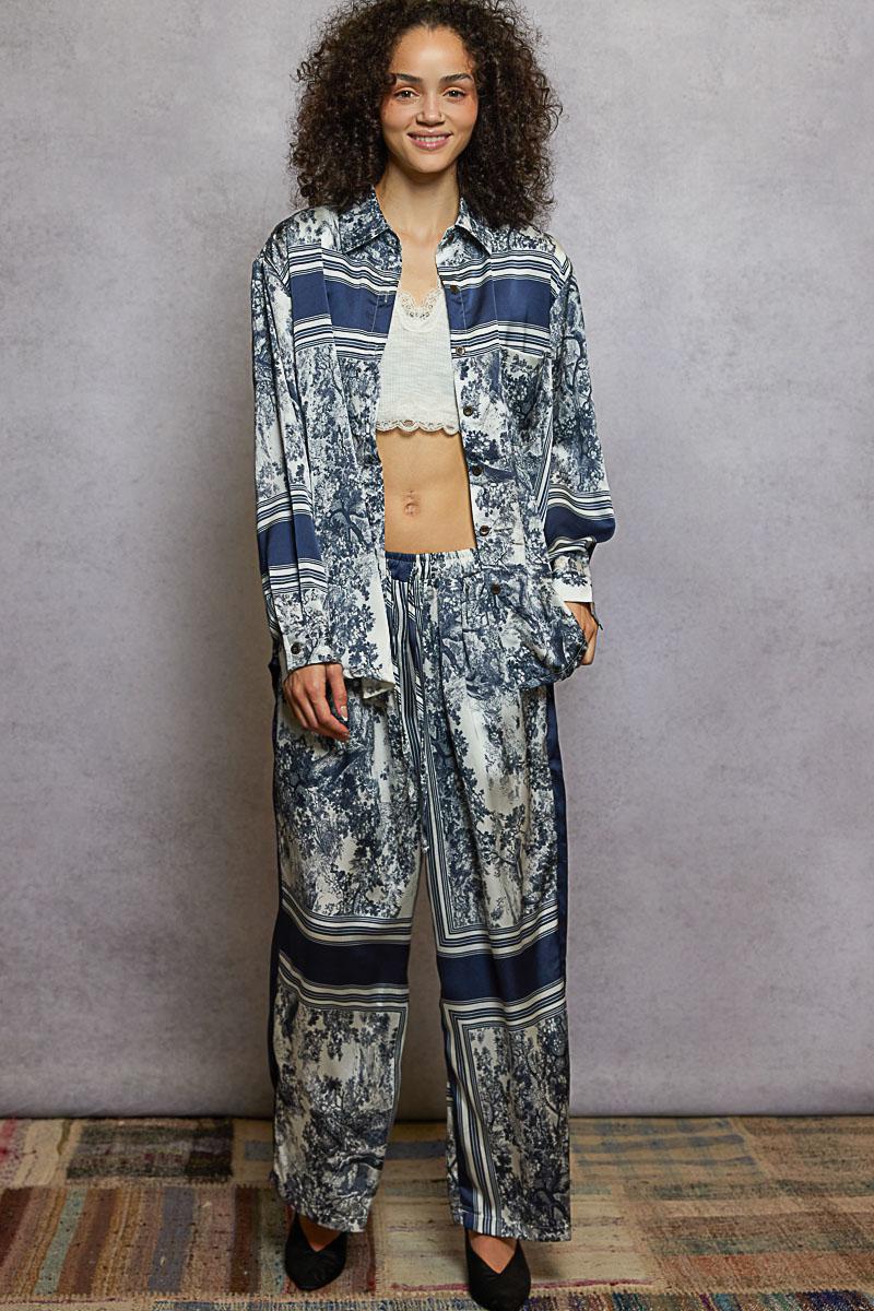 Ivory Navy Floral Silk Pants