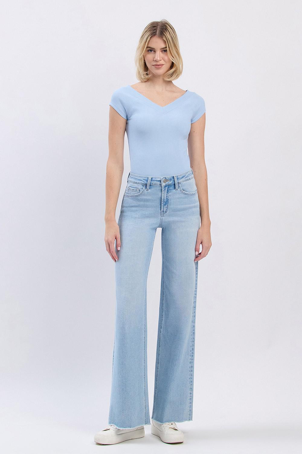 High Rise Raw Hem Wide Leg Jeans