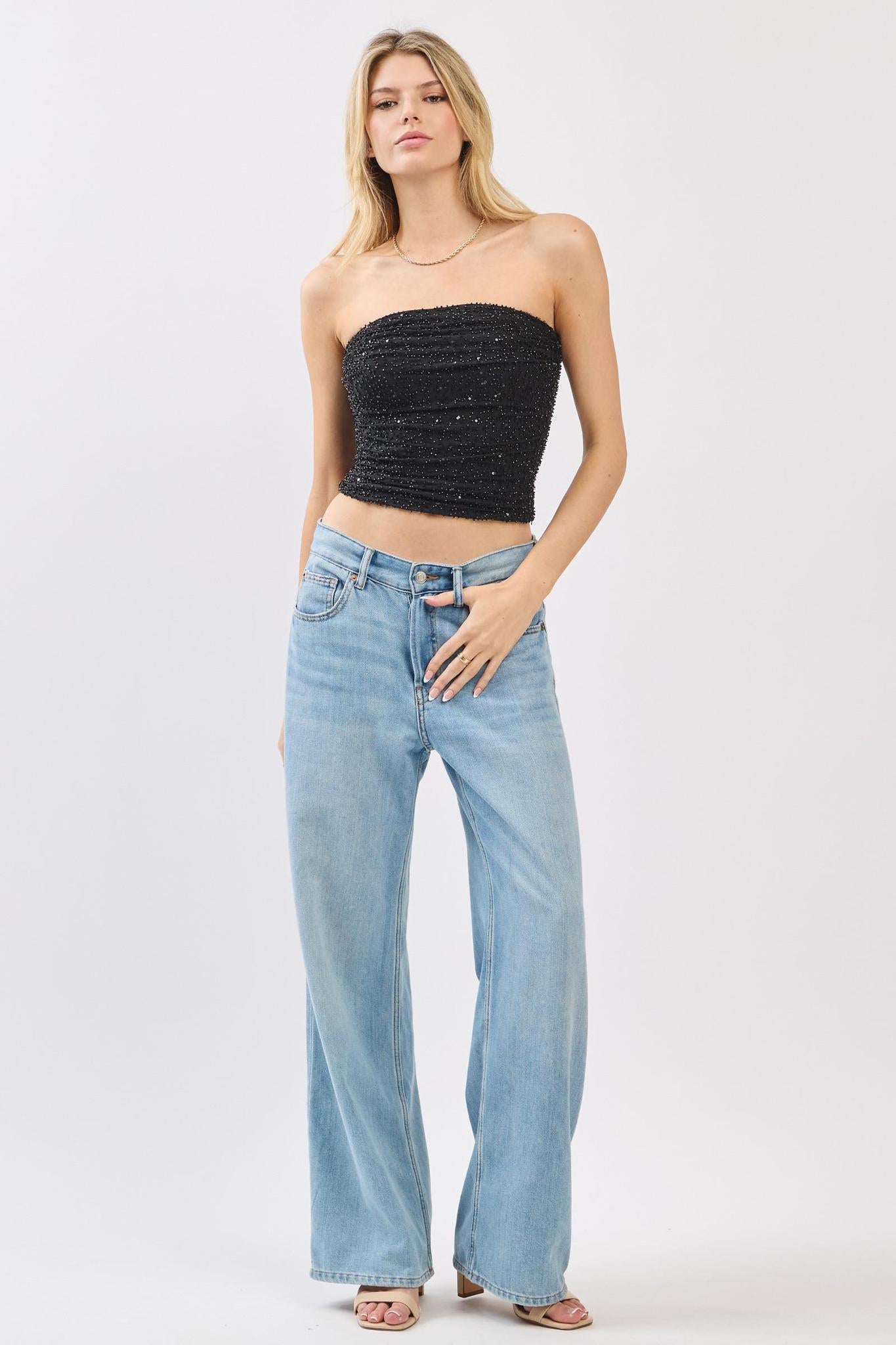 Black Power Mesh Beaded Tube Top