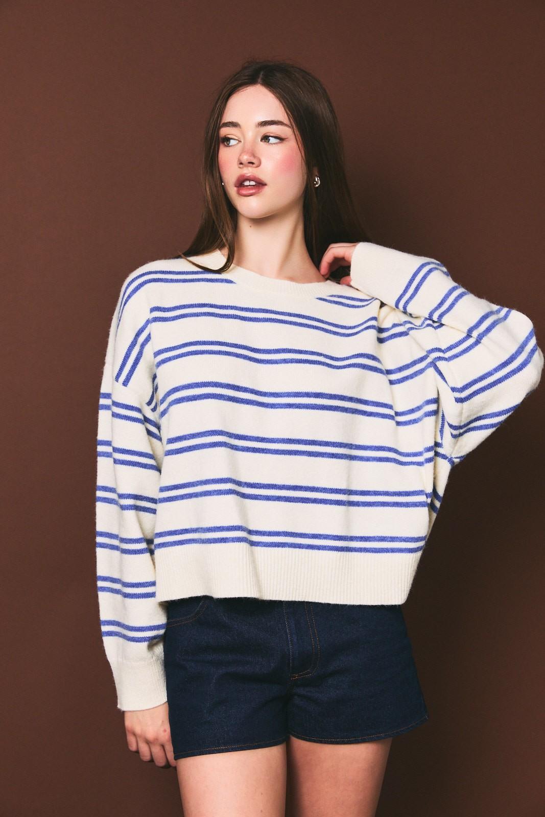 White/Blue Round Neck Stripe Knit Sweater Top