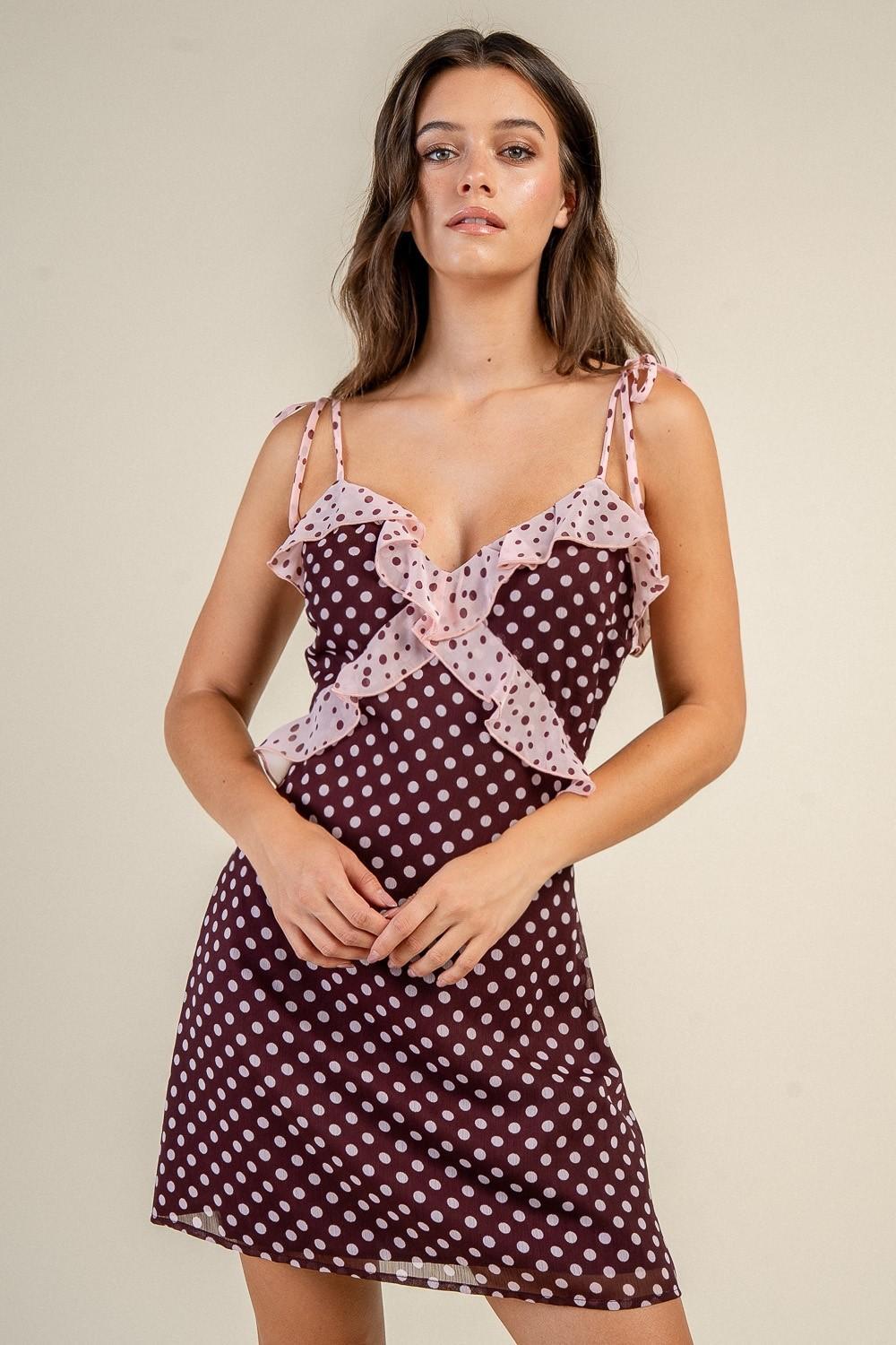 Burgundy Dot Ruffle Flowy Mini Dress