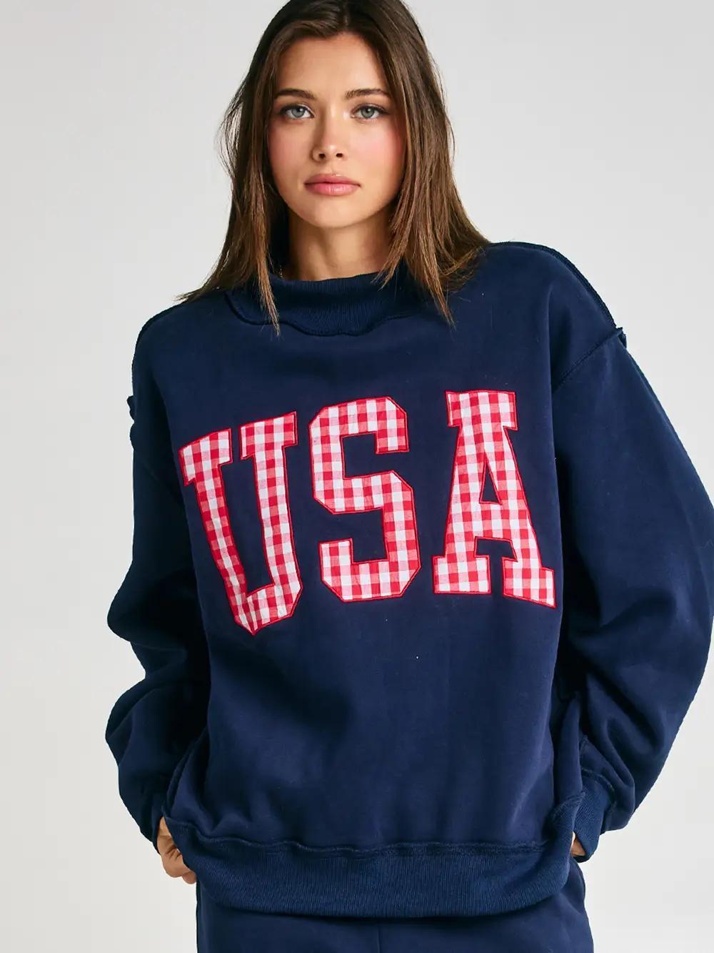 Ginghem Embroidery "USA" Navy Mock Neck Sweatshirt