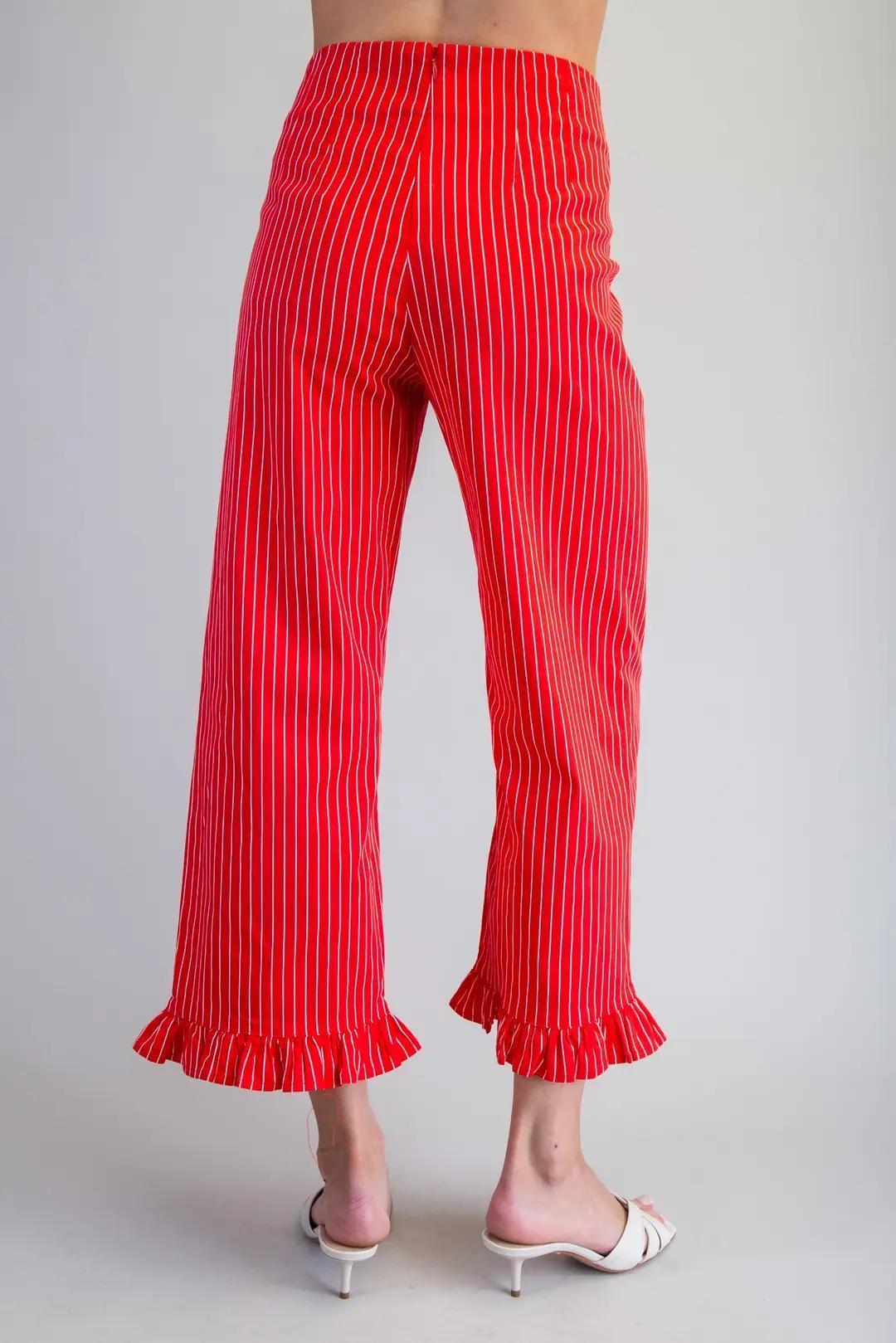 Cherry Red Straight Leg Striped Ruffled Pants