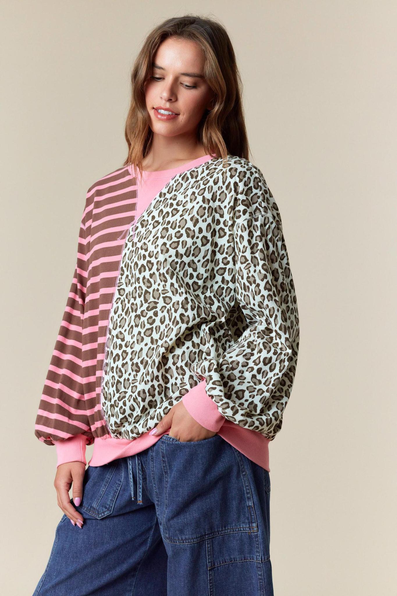 Half&half Color Block Stripe & Leopard Sweatshirt