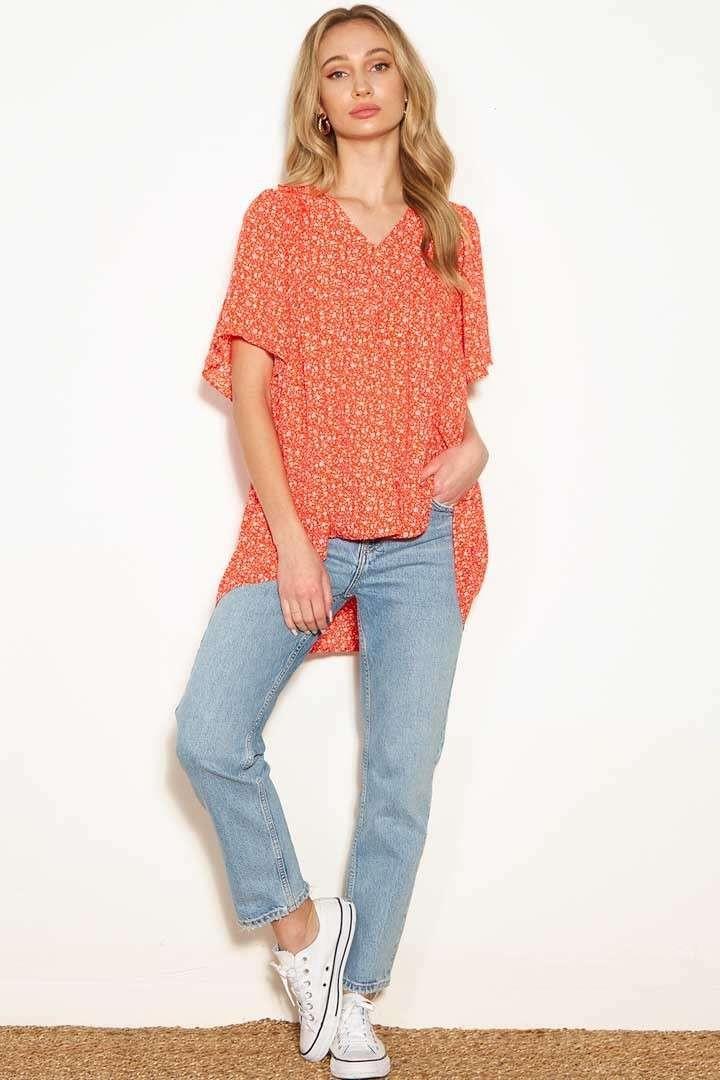 Coral Abstract Ditsy Print Empire Waist Blouse