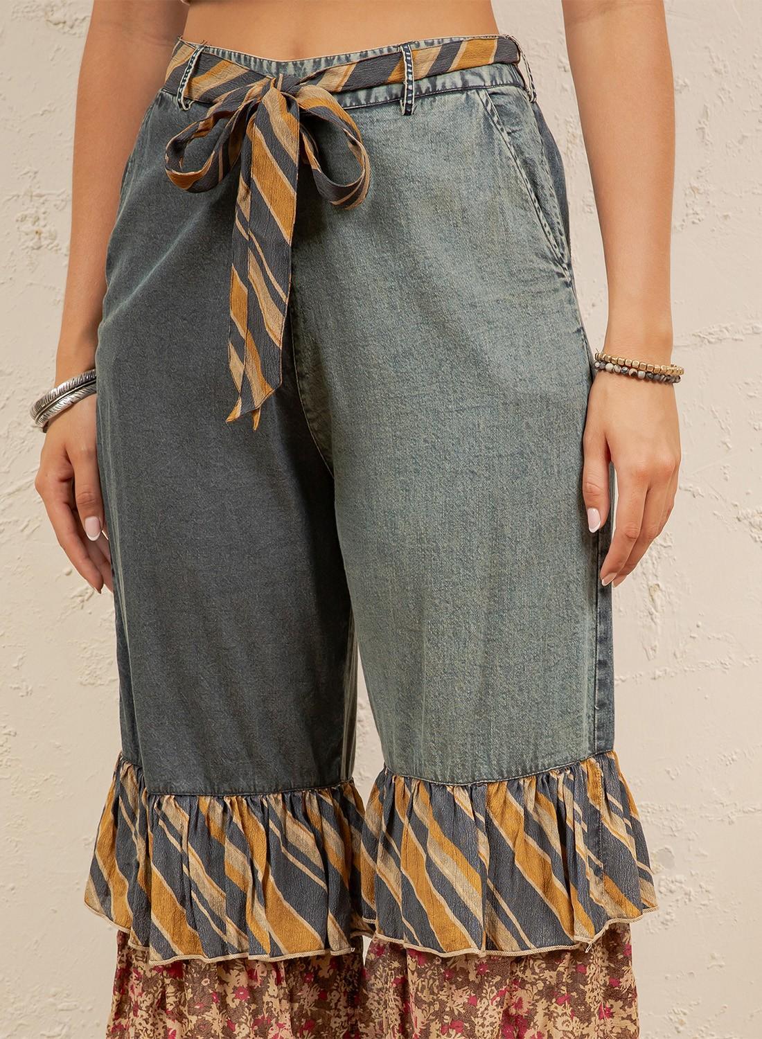 Mixed Print Denim Patchwork Ruffle Flare Pants With Belt New