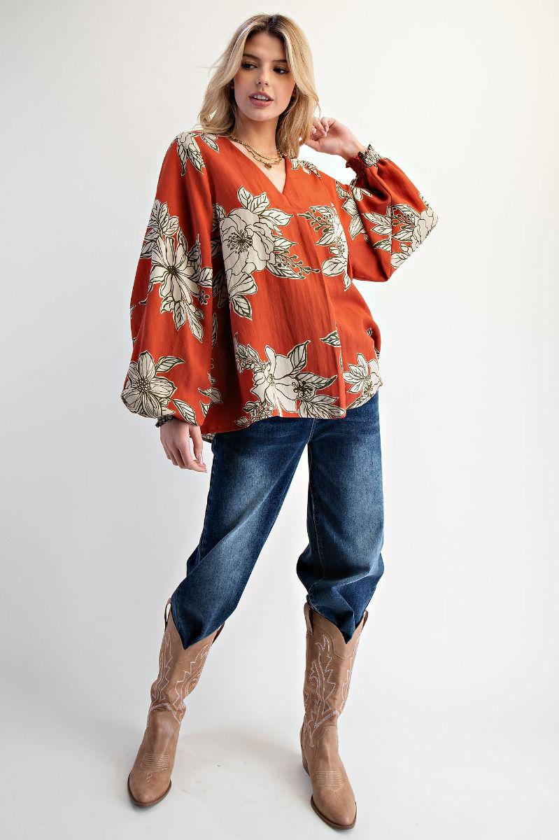 Rust Floral Printed V-Neck Blouse