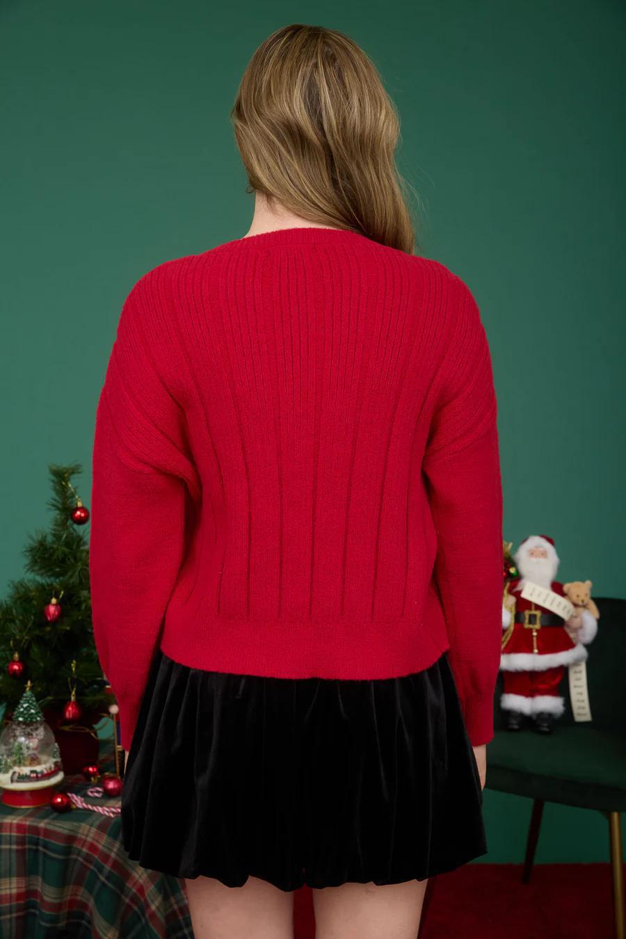 Red Pom Pom Contrast Bow Tie Knit Cardigan