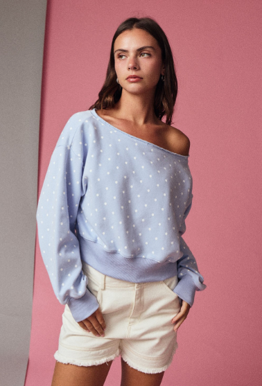 Polka Dot Off Shoulder Sweatshirt - Light Blue