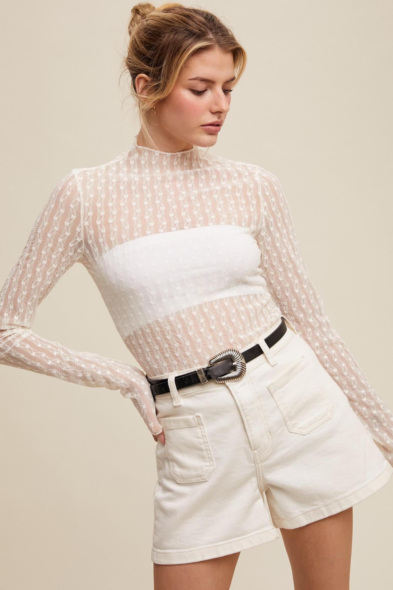 Sheer Textured Lace Long-sleeve Top