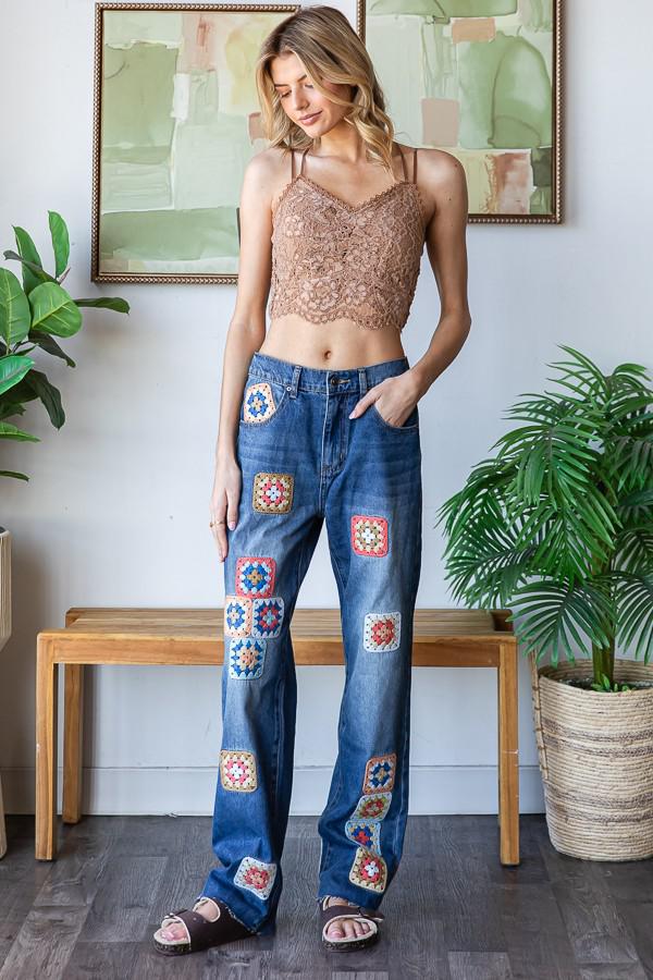 Square Crochet Patchwork Denim Jeans