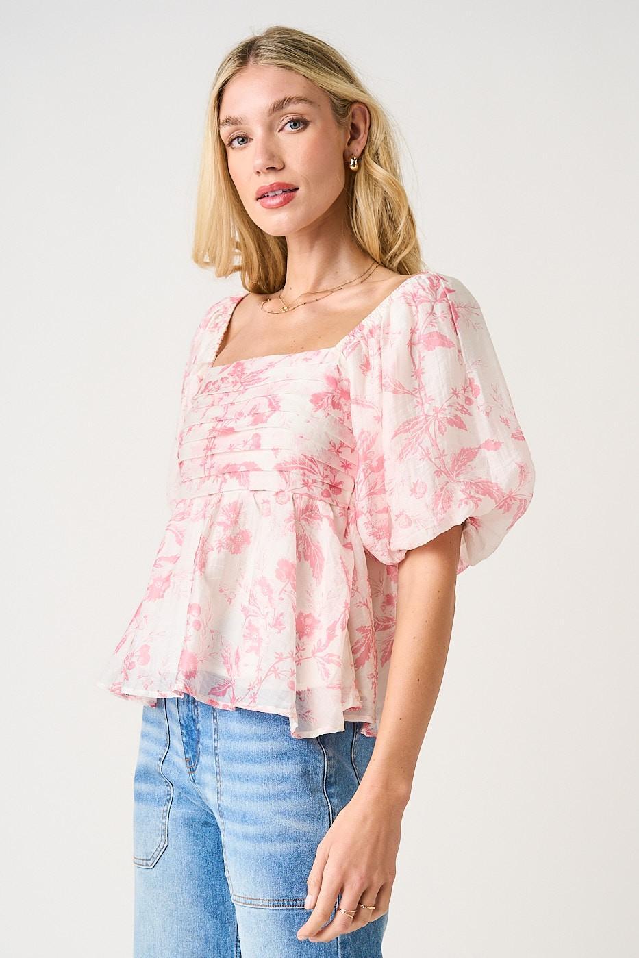 Pink Floral Print Pleat Detail Puff Sleeve Babydoll Top