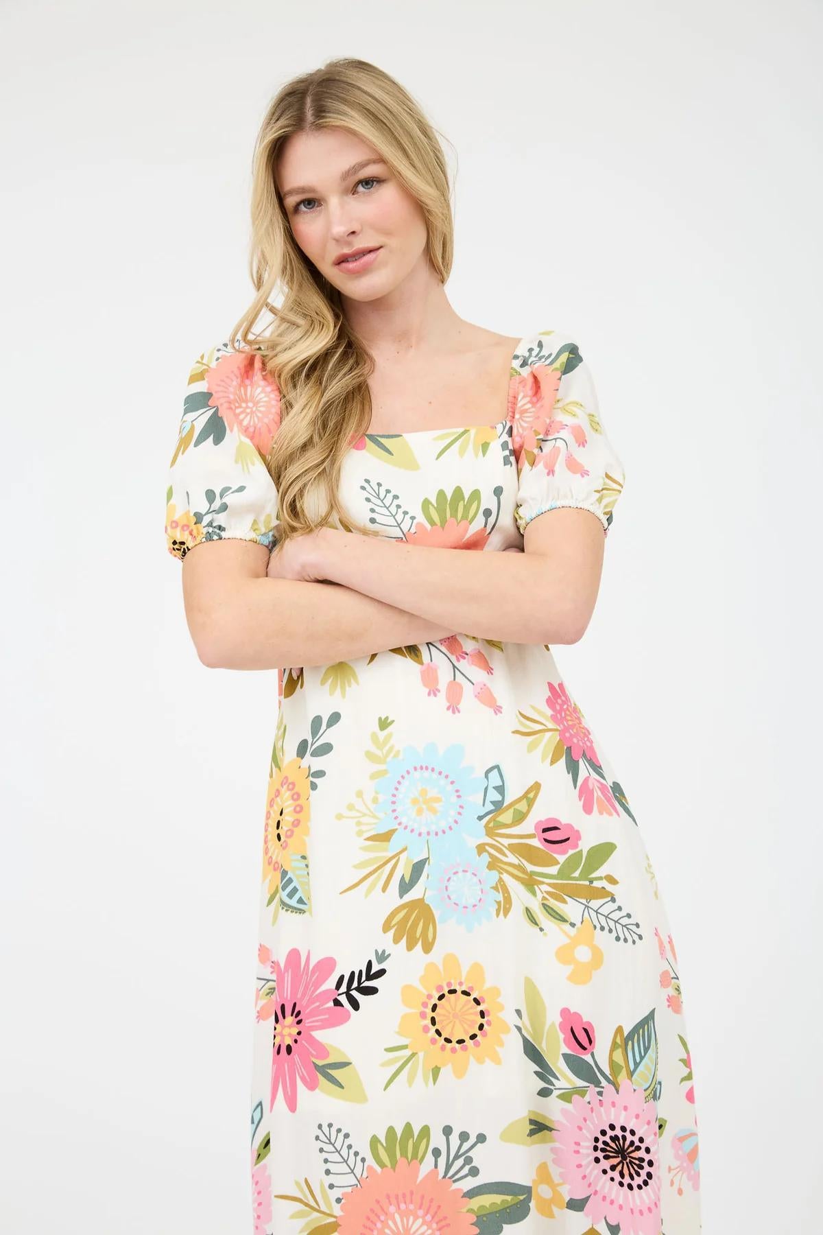 FLORAL PINK PRINT PUFF SLEEVE A-LINE DRESS