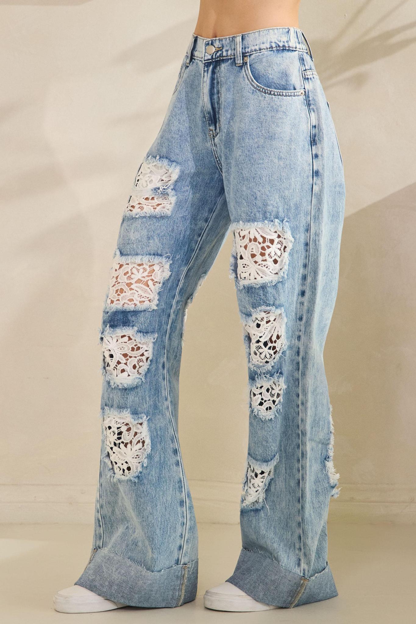 Washed Distressed Lace Insert Denim Jeans