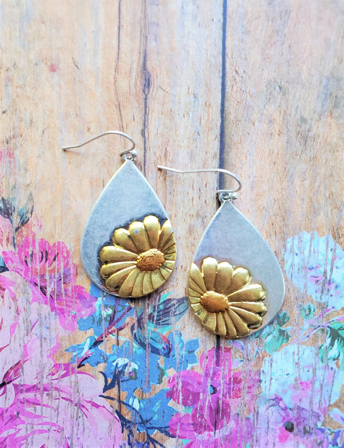 Silver Gold Daisy Tear Drop Earrings