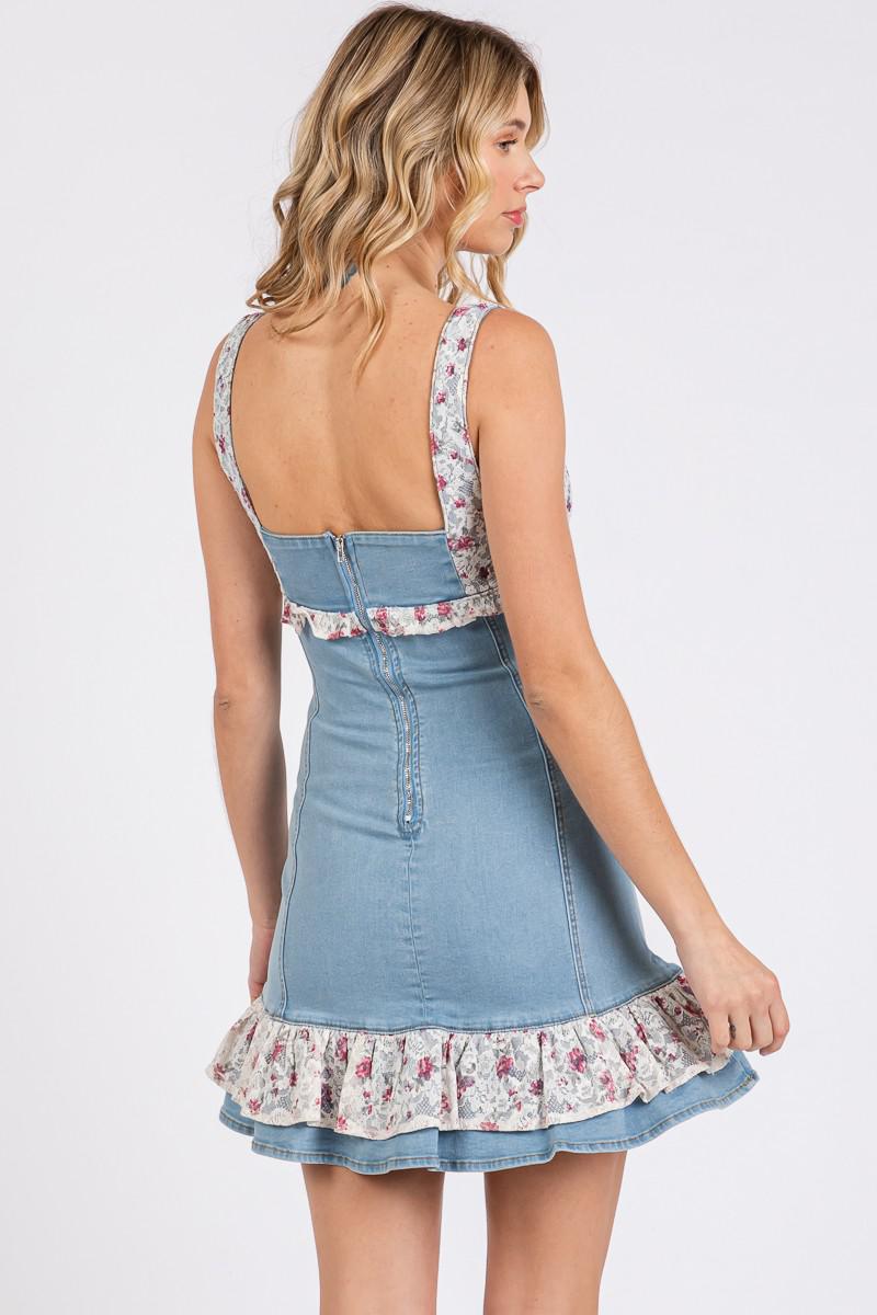 Stretch Denim Lace Ruffle Mini Dress M Stretch Denim Lace Ruffle Mini Dress M