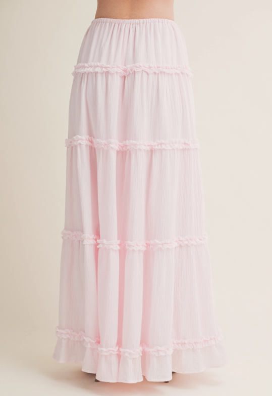 Water Lily Pink Gathered Ruffle Tier Maxi Skirt