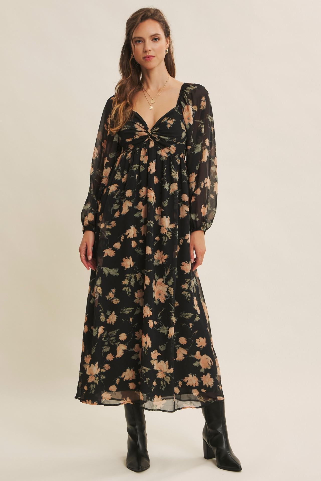 Crepe Chiffon Midi Dress With Knotted Bust
