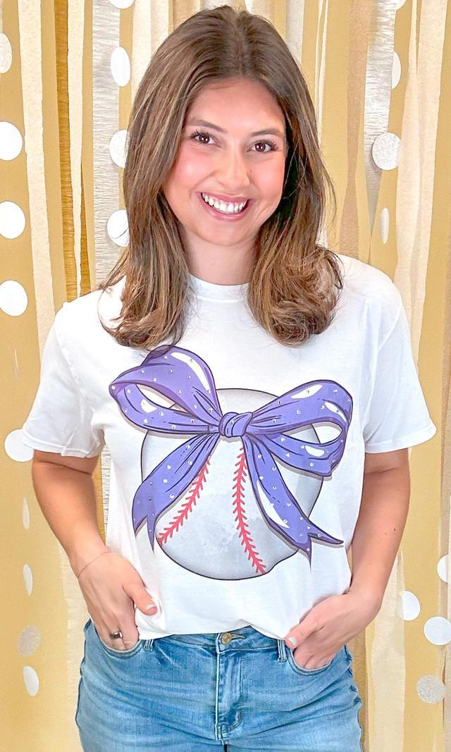 Baseball Bow Rhinestone Graphic T-Shirt - RED BOW