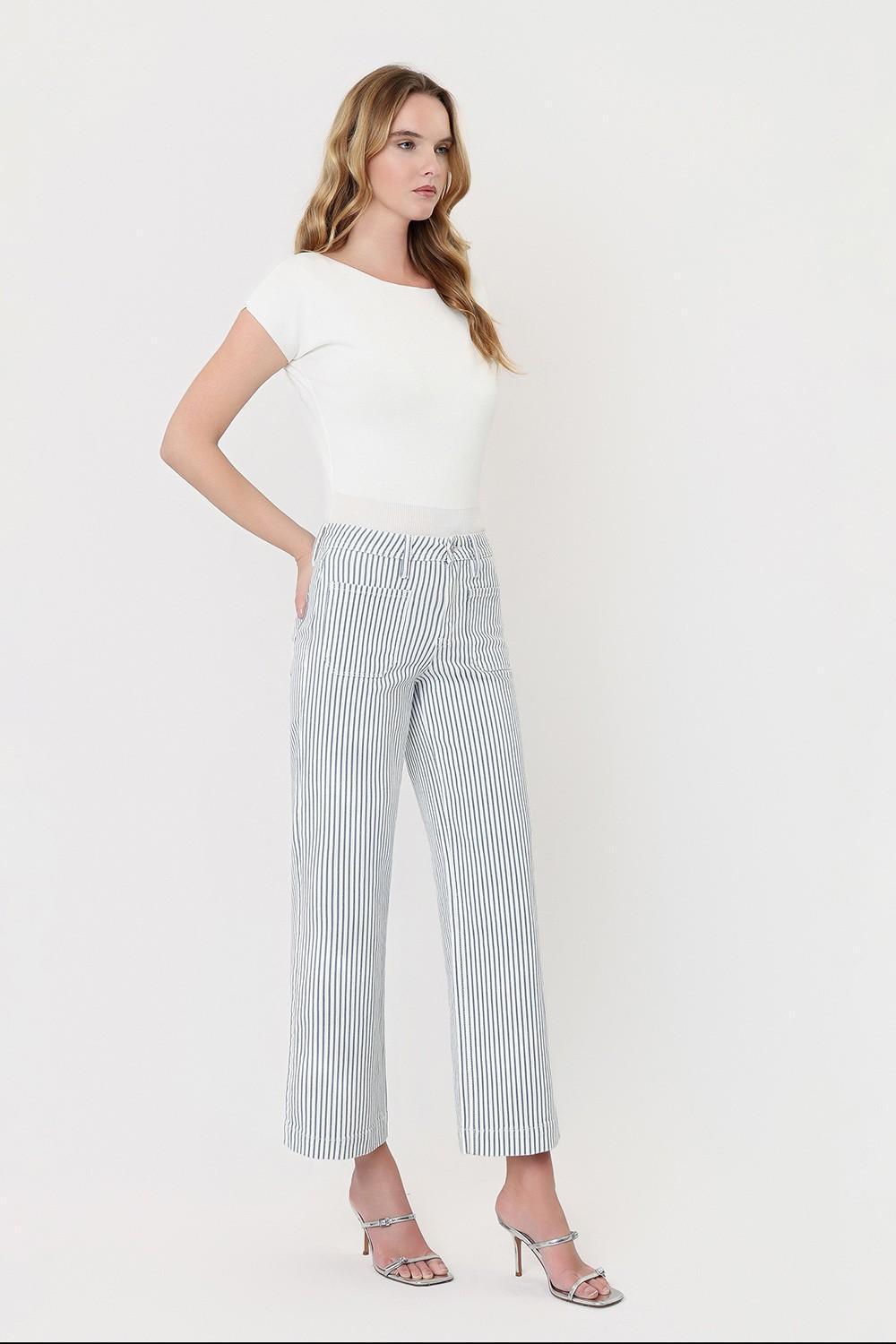 High Rise Patch Pocket Crop Striped Wide Leg Jeans