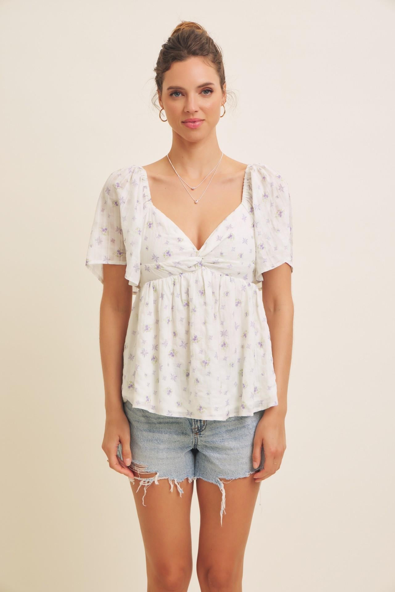 Sheer Crinkled Floral Blouse Knotted Front