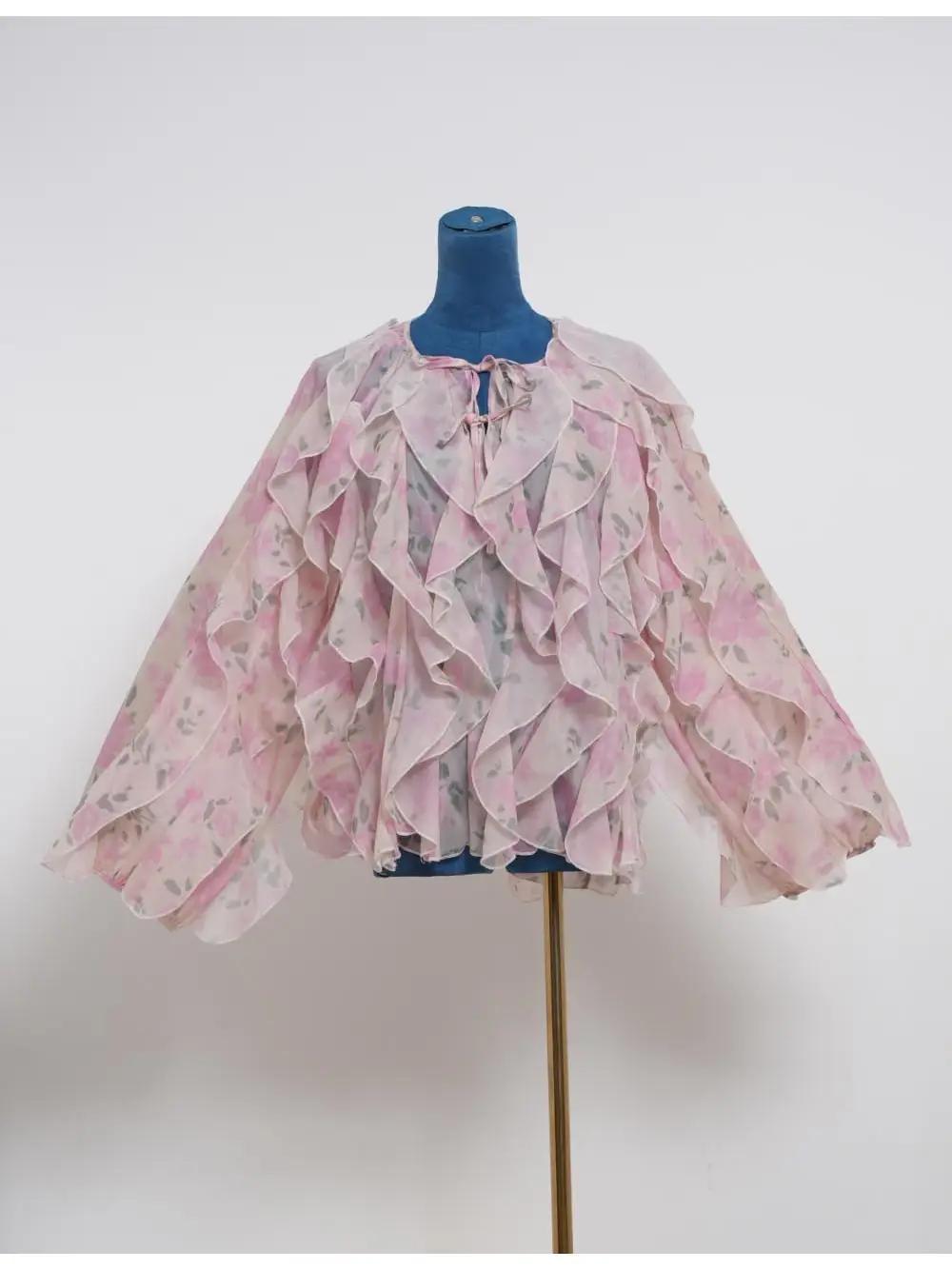 Boho Floral Print Tie Neck Tiered Ruffle Blouse