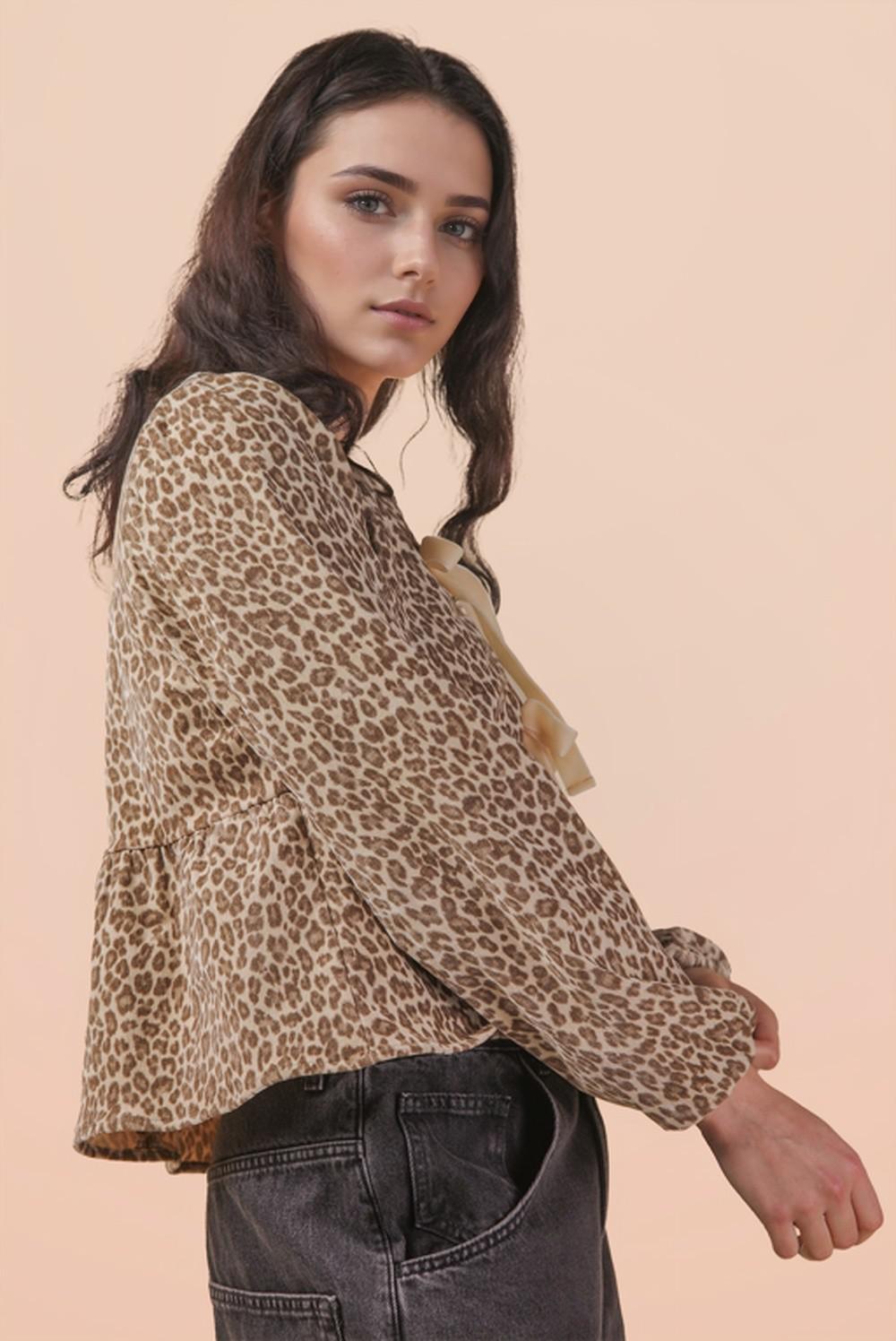 Leopard Printed Front Tie Woven Blouse Top