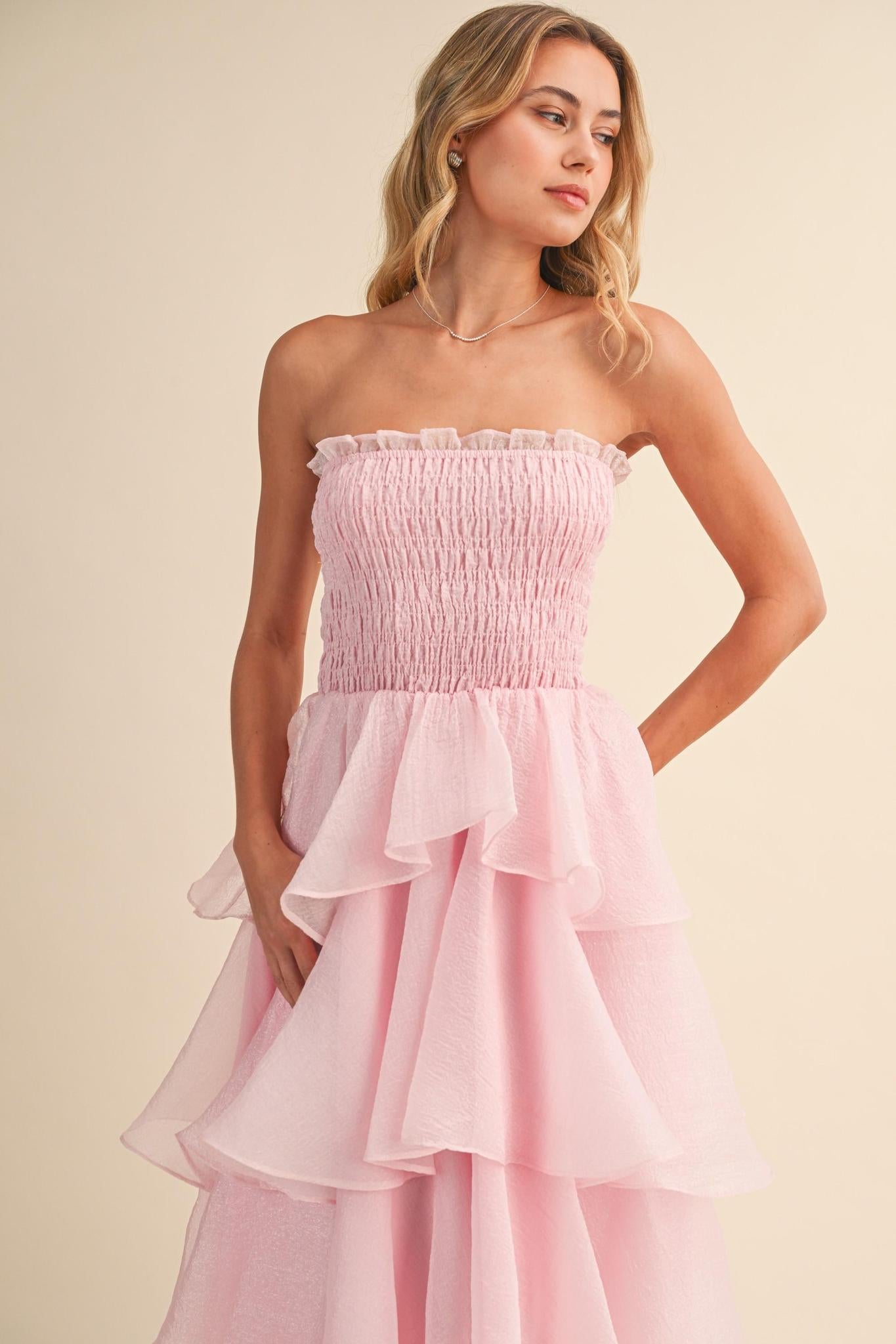 Strapless Tiered Ruffled Layered Maxi Dress