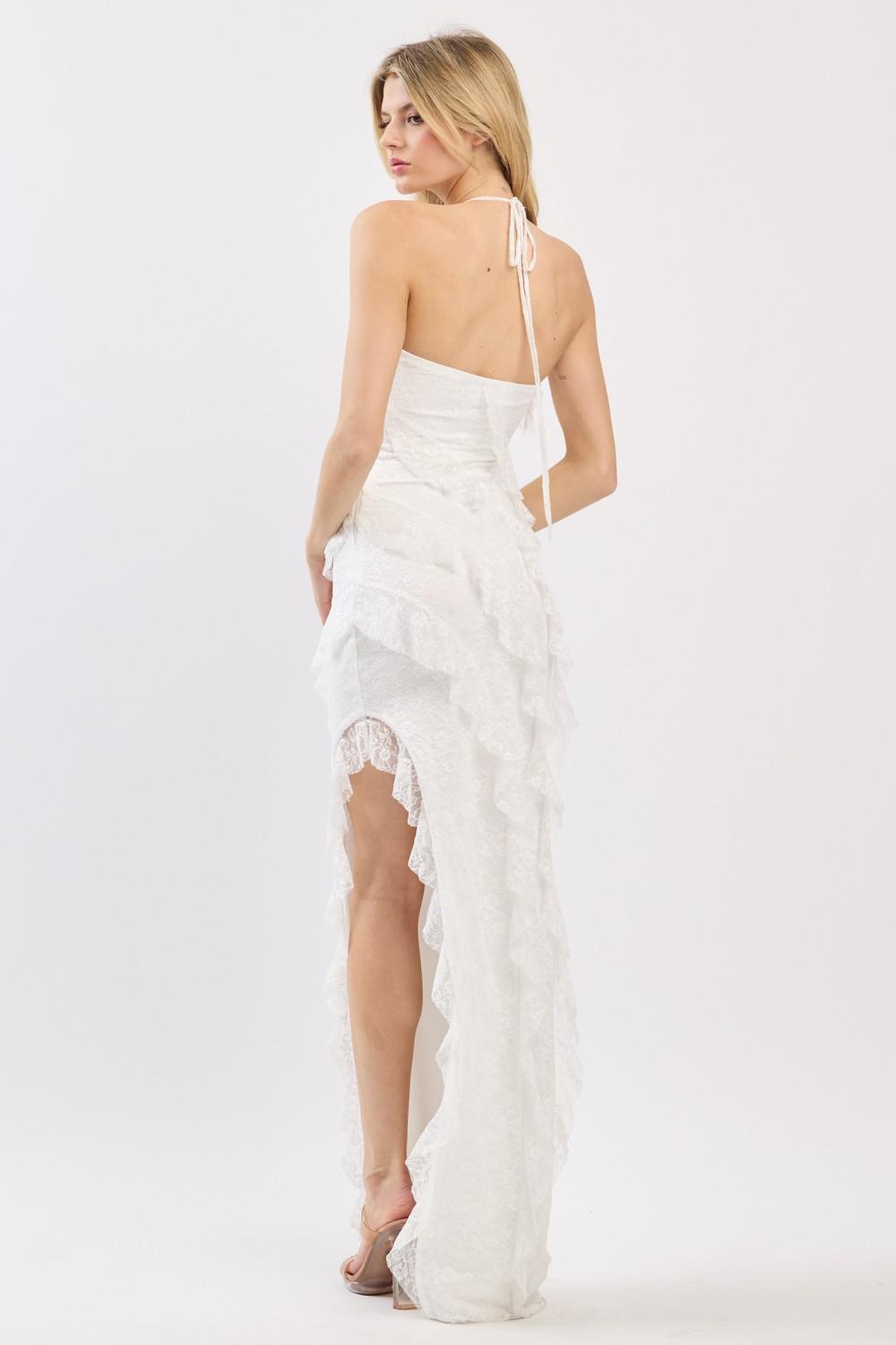 White Lace Halter Neck Ruffle Maxi Dress