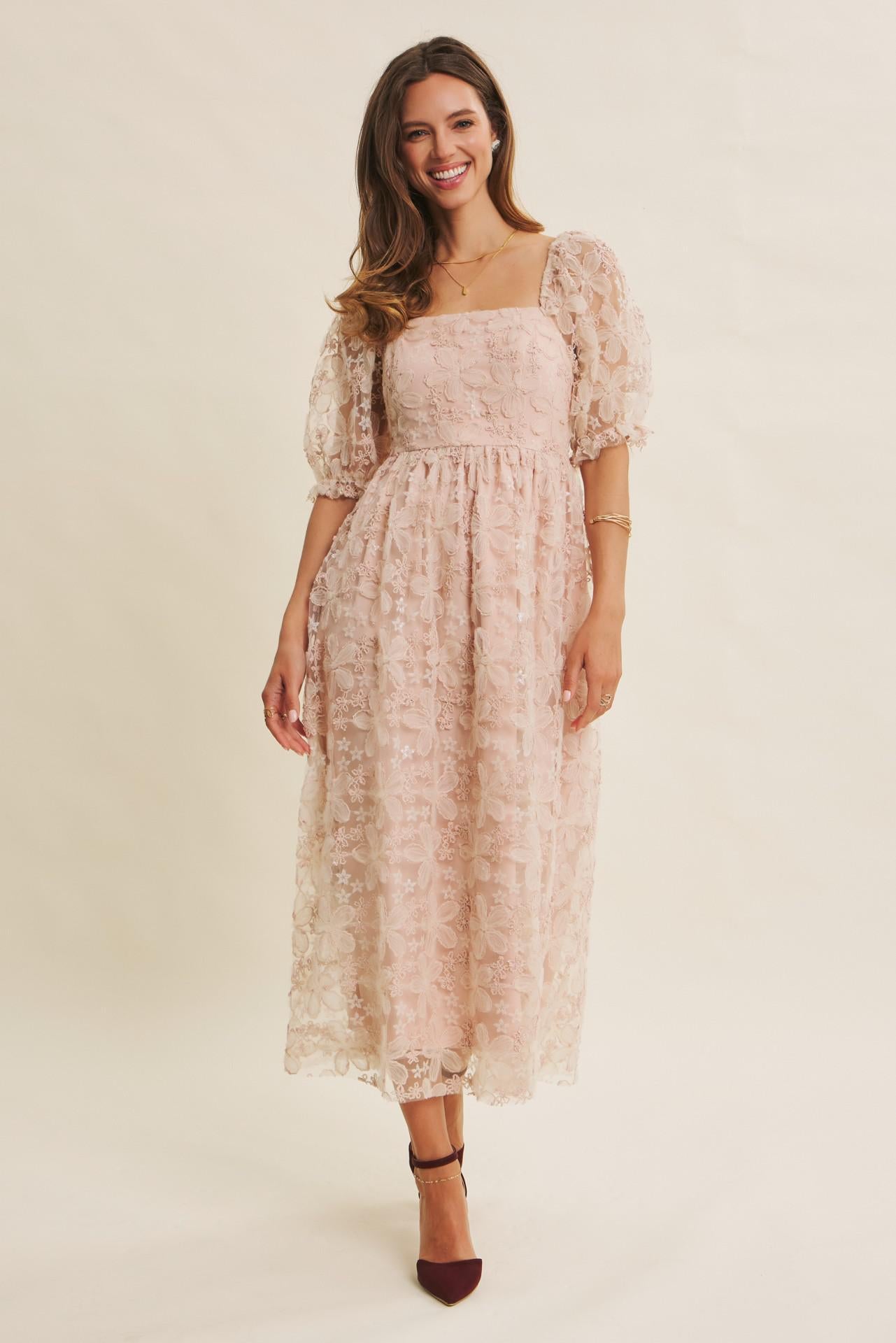 Dusty Pink Sheer Floral Sequin Midi Dress