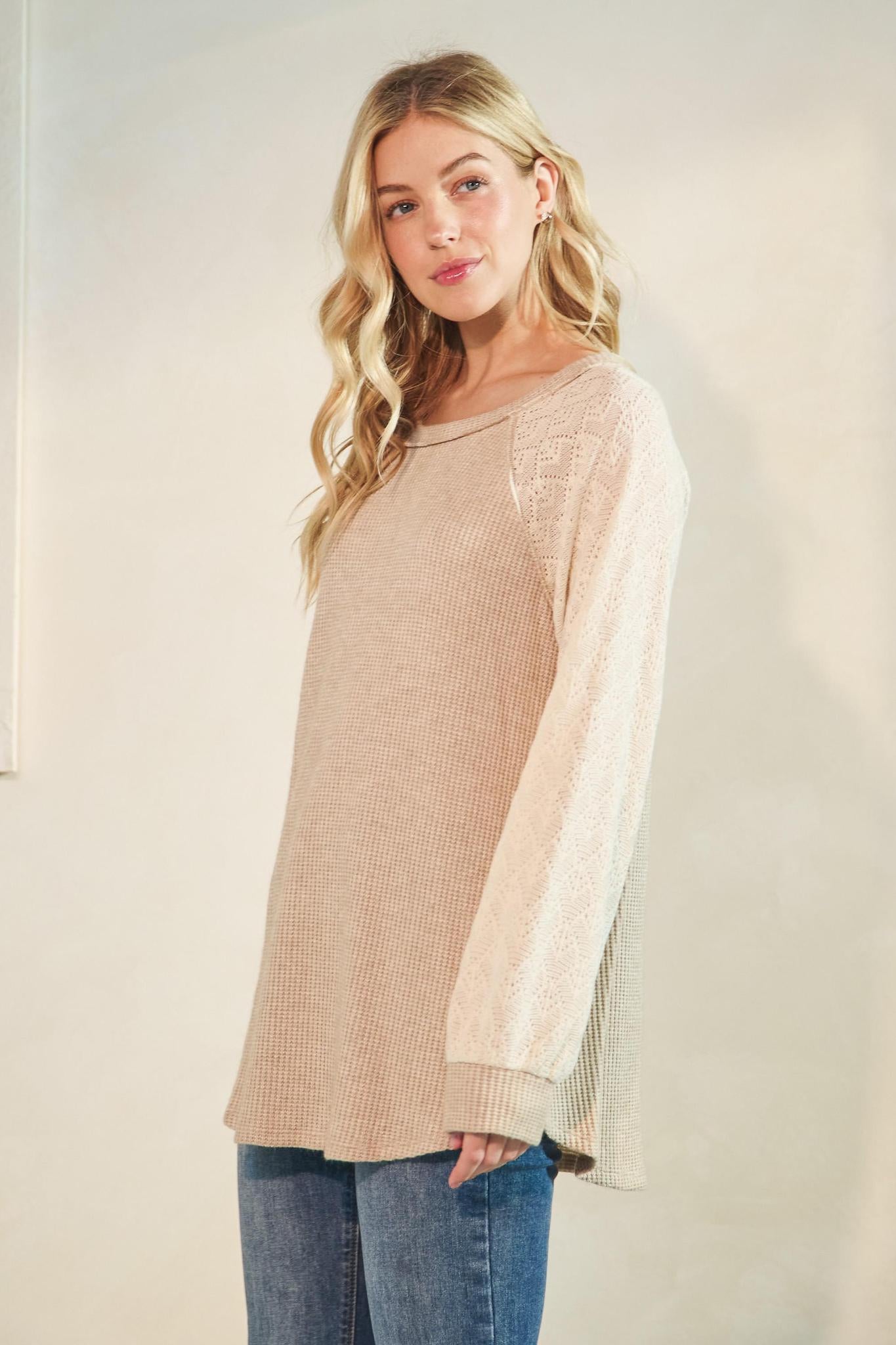 Oatmeal Puff Sleeve Solid Color Block Top