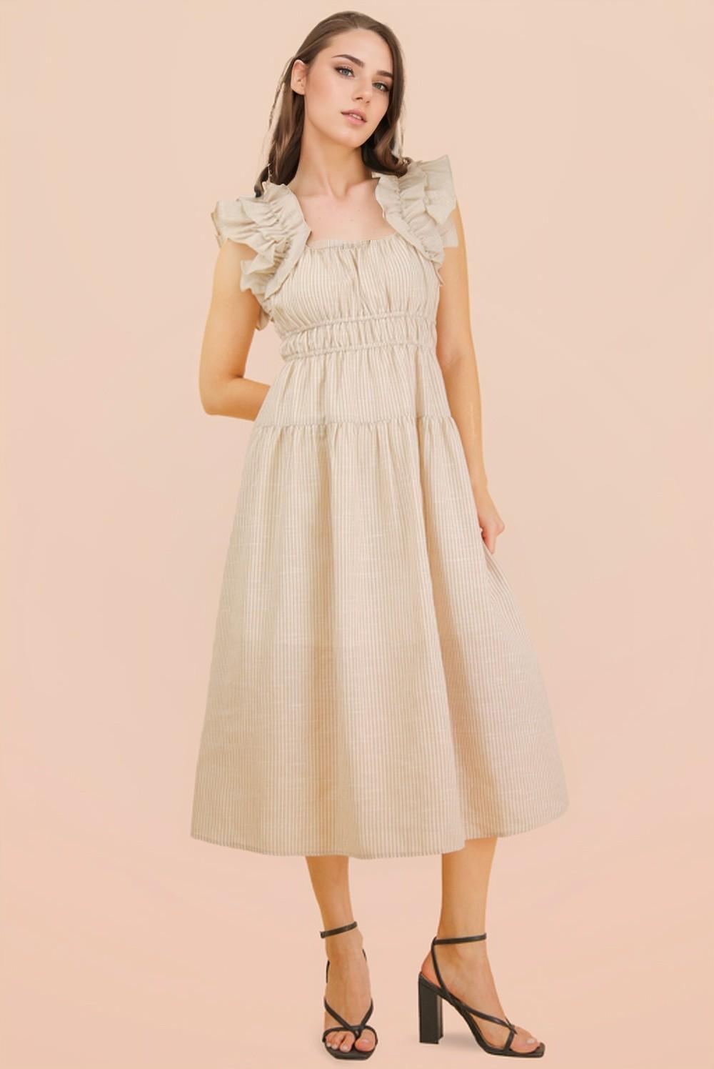 Taupe Shoulder Ruffle Detail Stripe Midi Dress