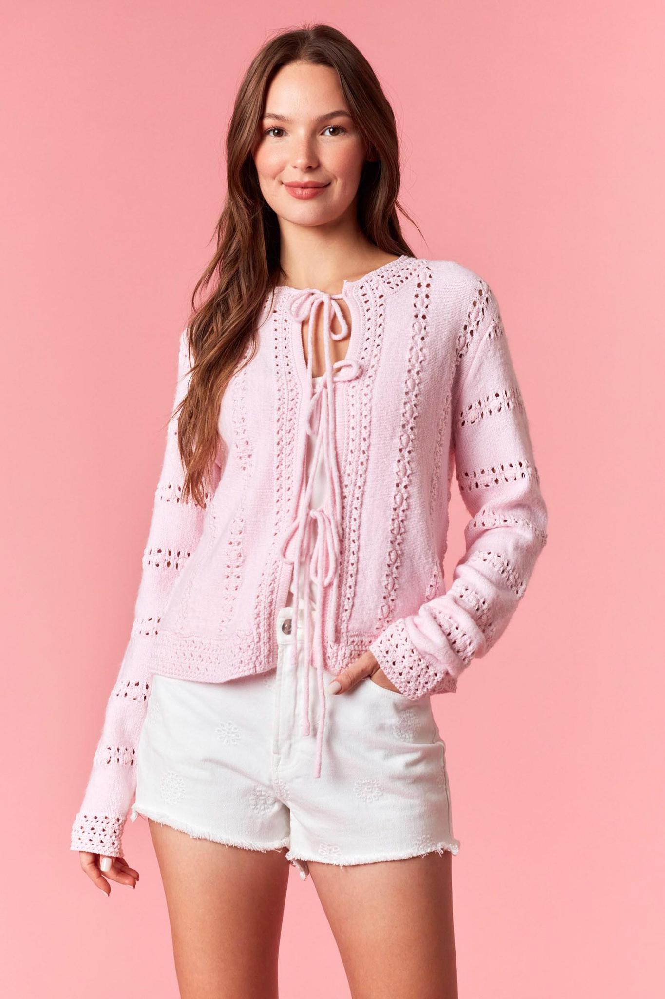 3 Bow Tie Strap Sweater Cardigan - Light Pink