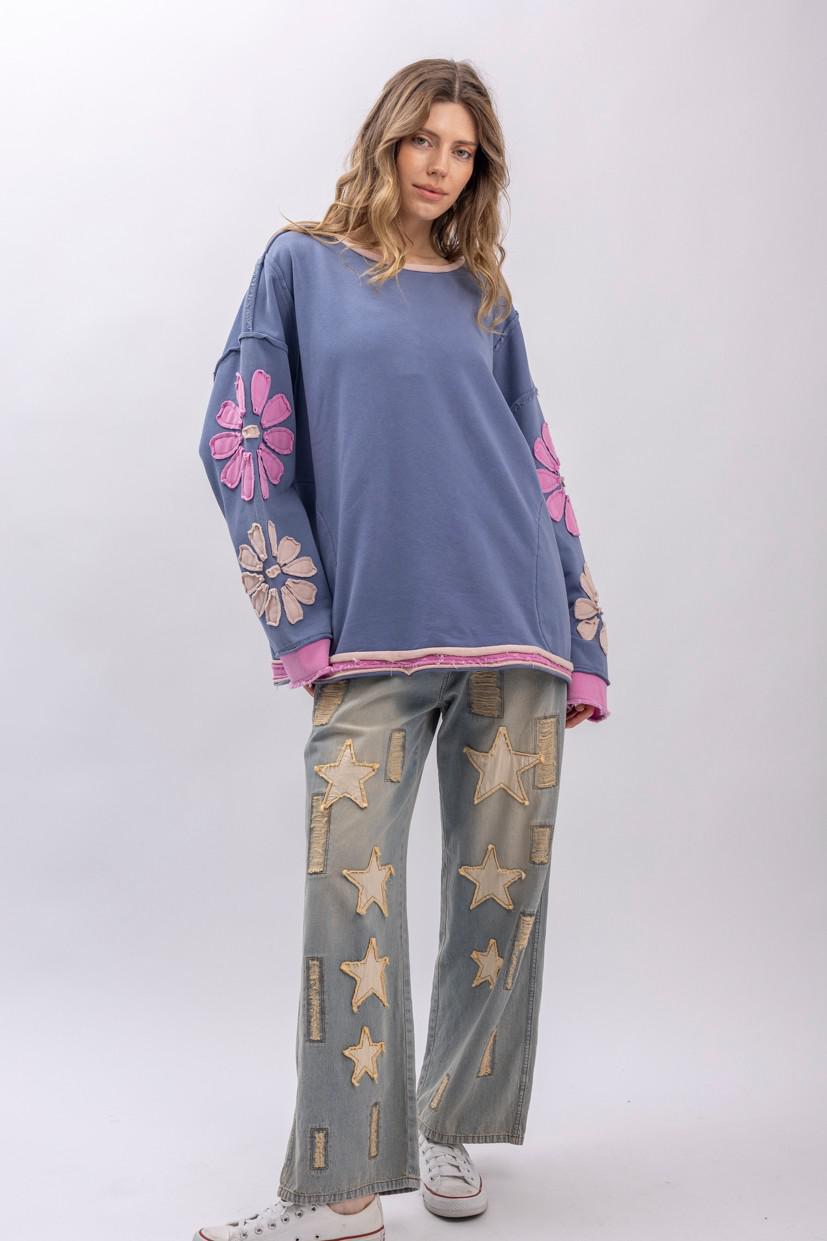 Flower Patch Long Sleeve Round Neck Top