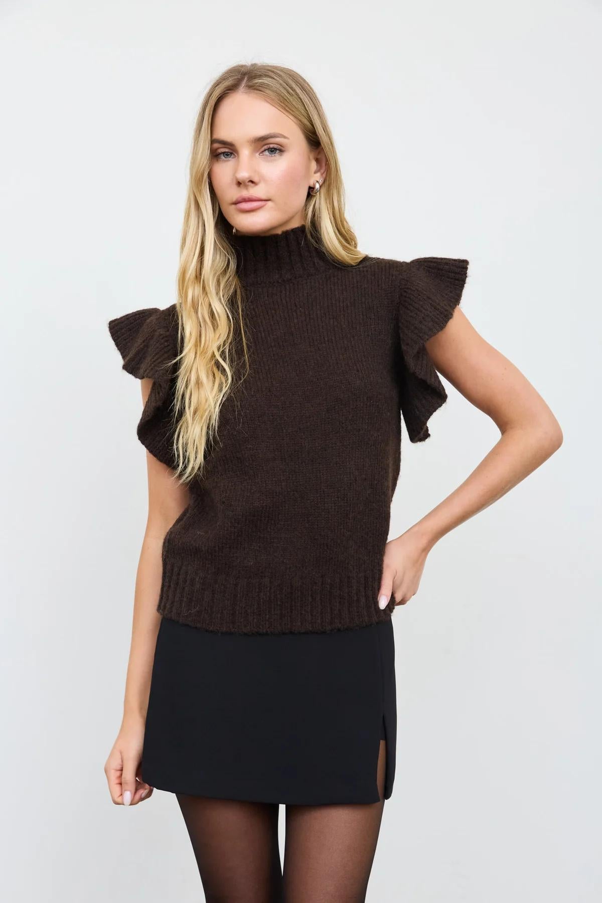 DARK BROWN RUFFLE SLEEVE MOCK NECK RIBBED SWEATER