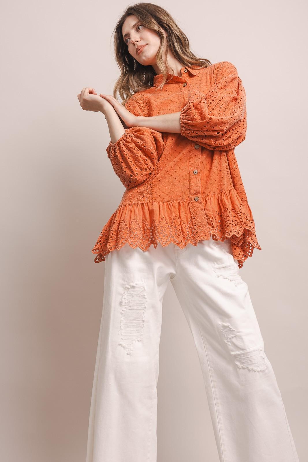 Coral 3/4 Sleeve Balloon Sleeve Eyelet Ruffle Blouse