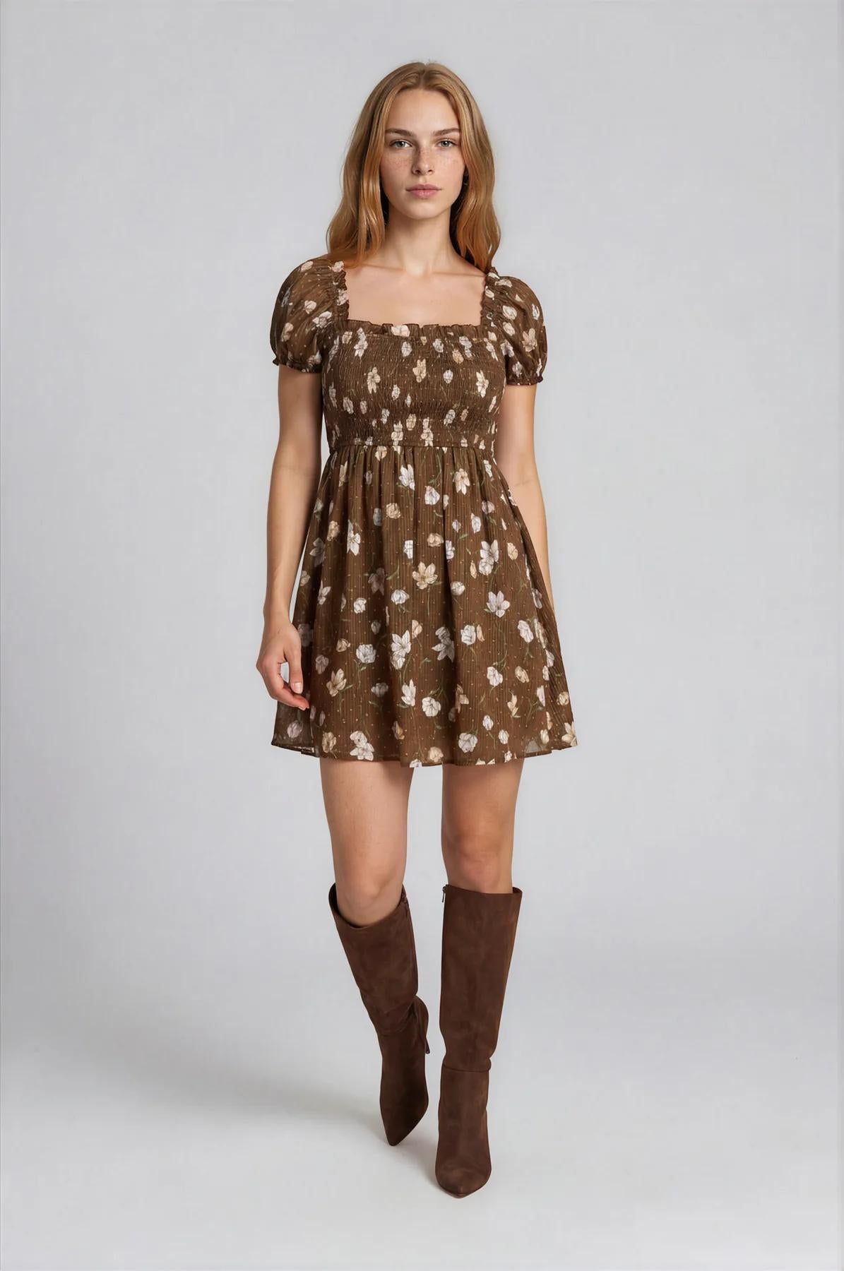 BROWN FLORAL SMOCKED SQUARE NECK PUFF SLEEVE MINI DRESS