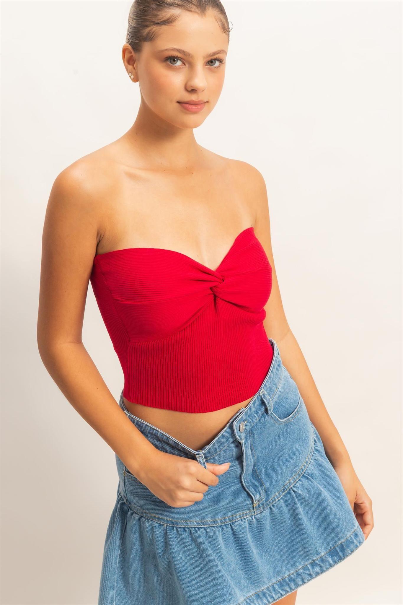 Red Ribbed Knot Bustier Top